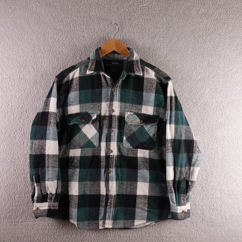Vintage Five Brother Mens Green Black Buffalo Plaid Flannel Shirt L Style